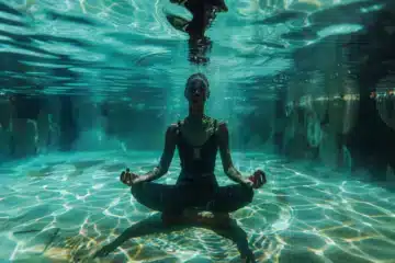 A woman seated in the lotus position meditating underwater