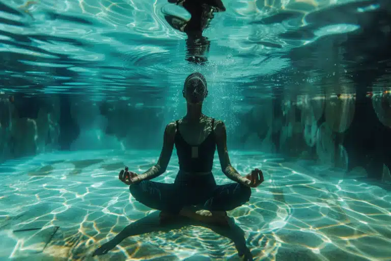 A woman seated in the lotus position meditating underwater