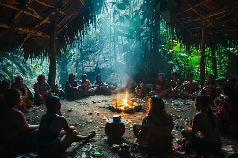 People seated around a fire for an ayahuasca ceremony in the jungle