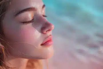 Woman breathing in sea air on a pink sand beach with aqua water