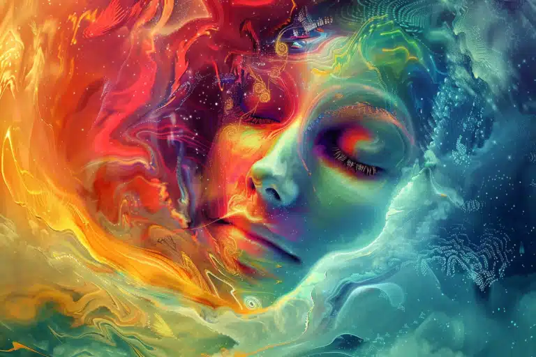 A woman's face cocooned by colorful clouds