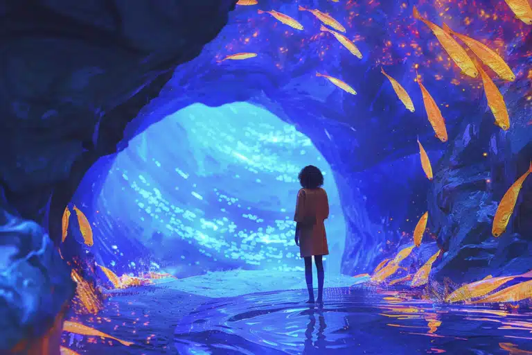 A girl surrounded by a tunnel of water with golden fish swimming around her