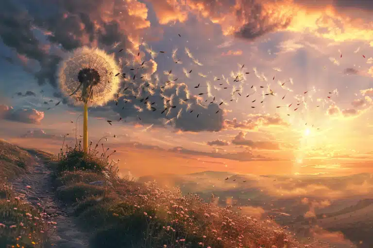 Dandelion seeds floating away into a beautiful landscape at sunset