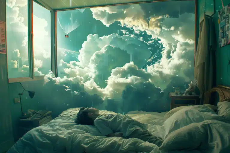 A man lays in bed as his bedroom fills with clouds