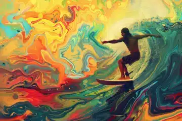 A man surfing against a psychedelic background