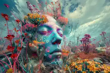 Flowers growing out of a man's head, surreal