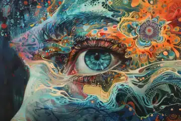 Psychedelic patterns surround a woman's blue eye