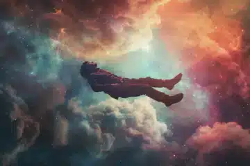 A man floating in colorful clouds