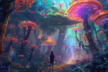 A boy explores a fantasy world of giant colorful mushrooms