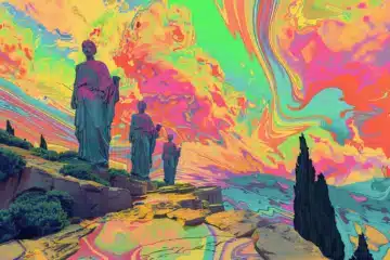 Greek statues walking up a hill with a psychedelic sky