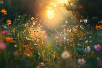 Orbs of light illuminate a wildflower meadow