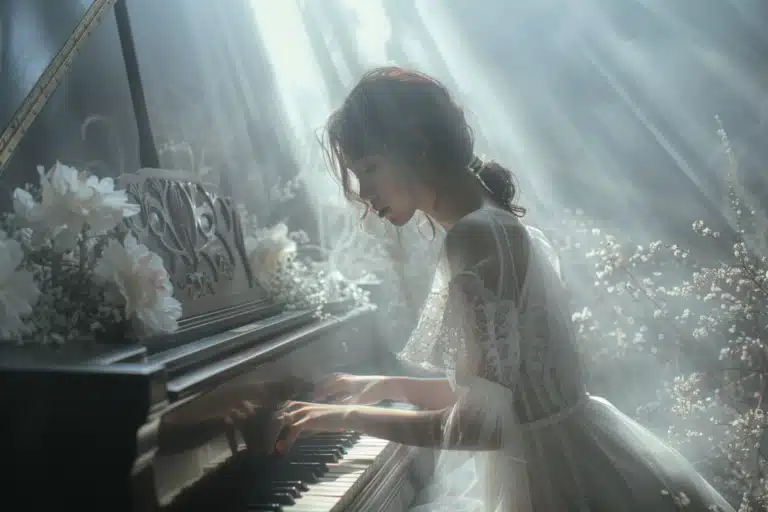 A woman playing piano in the woods in a white dress