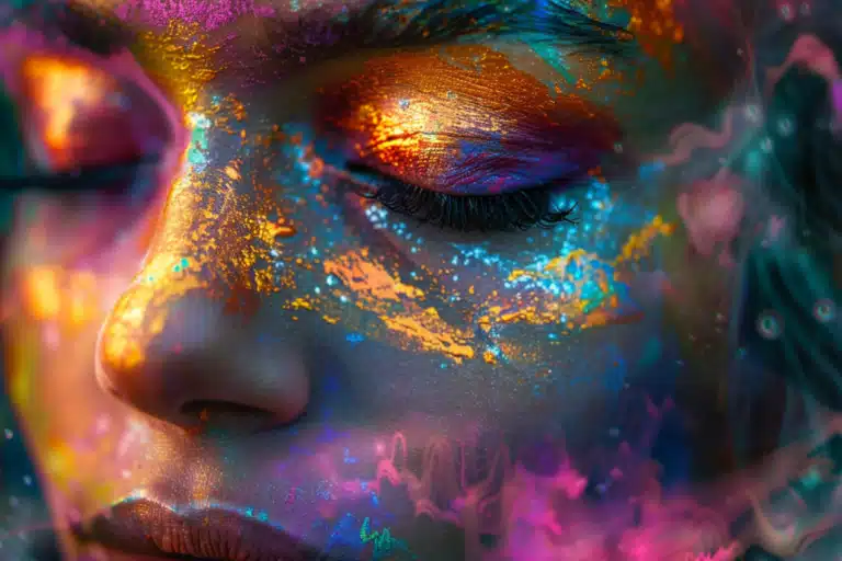 Closeup of a woman's face dappled in colorful and gold paint