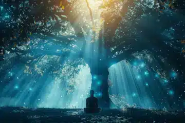 A man seated at the base of a giant tree