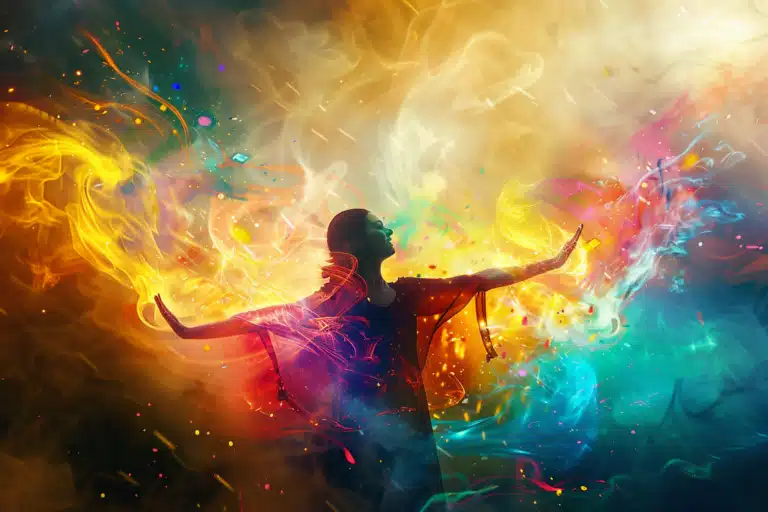 A confident woman twirling in colorful smoke