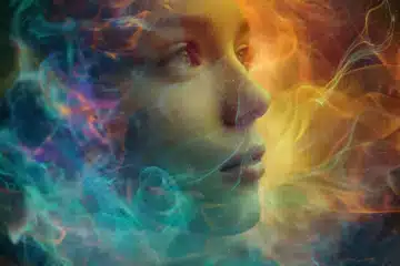 A woman's face surrounded by colorful smoke