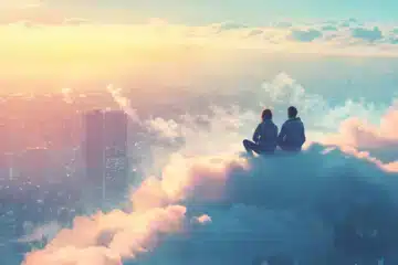 Two people sitting on a cloud observing a big city below