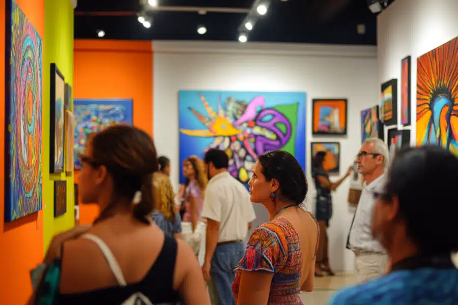 People look at paintings at an art gallery