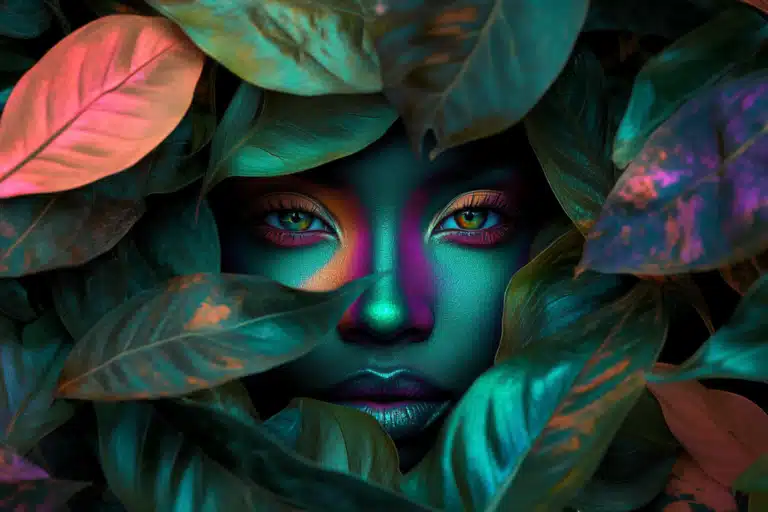 An exotic woman's face hidden among jungle leaves