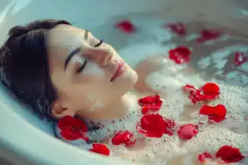 Woman taking a bubble bath