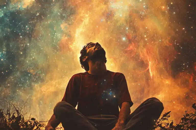 A seated man looking up at a sky full of stars