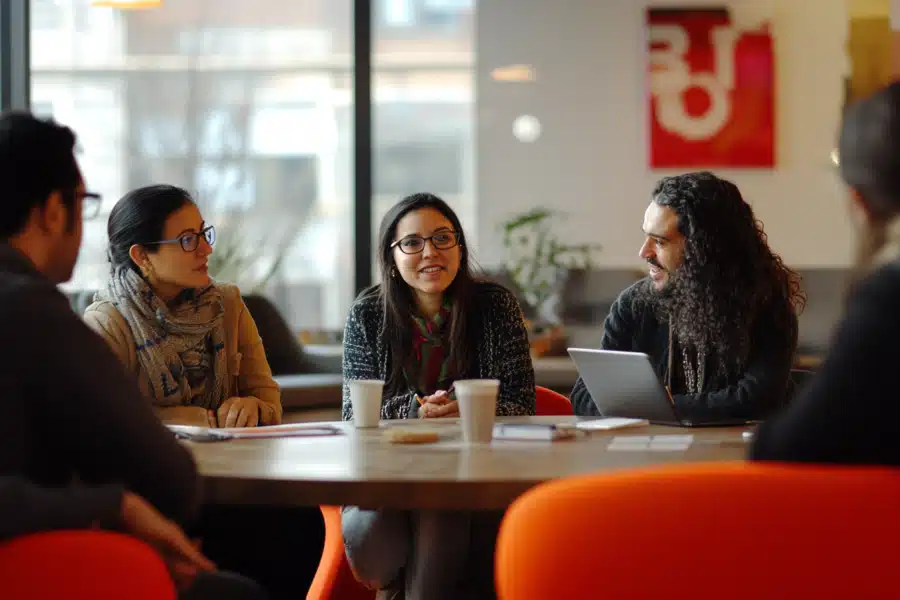 Professionals meet in a cafeteria