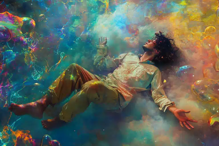 A man floating in colorful water