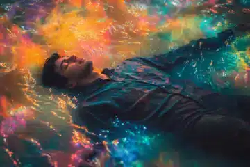 Man floating on colorfully illuminated water