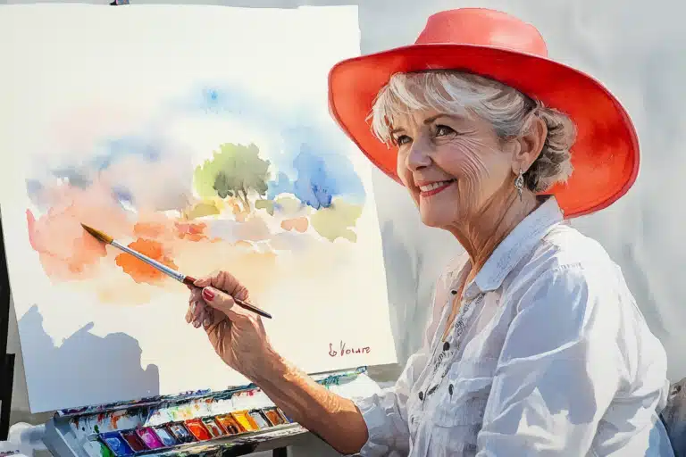 A watercolor painting of a woman painting with watercolors