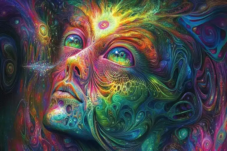 DMT inspired hallucination of a colorful face with an open third eye