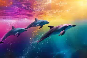 Dolphins swimming in a colorful sea of energy