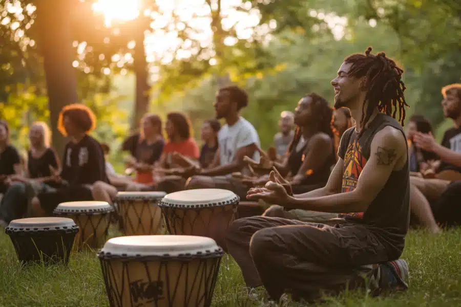 An outdoor drum circle class