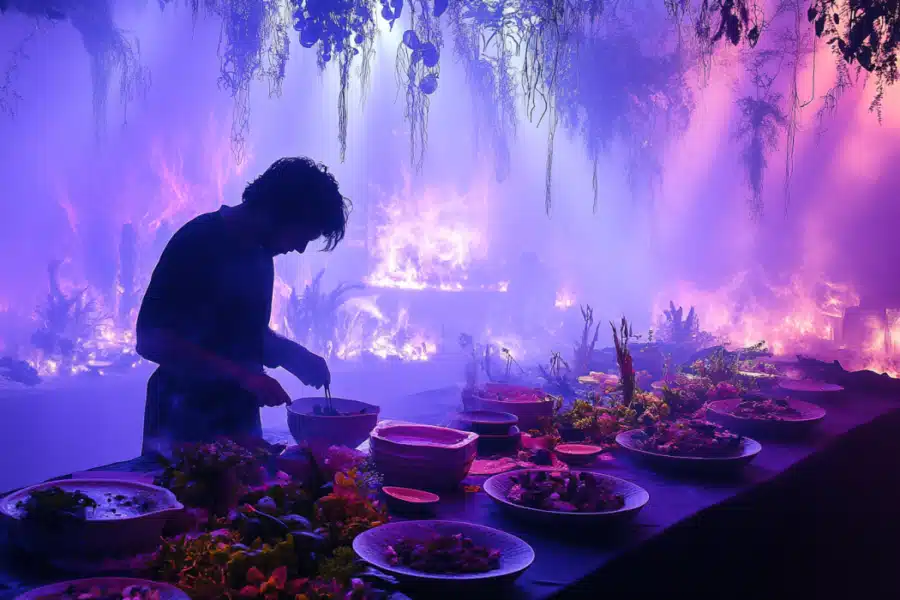 A chef prepares food in a neon purple room