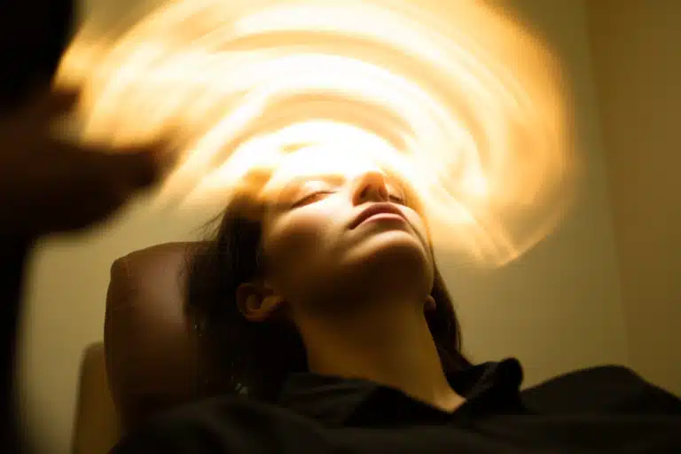 A woman with a halo of light around her head