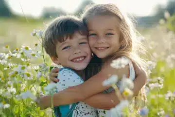 Two children hugging on a sunny day in a field of wildflowers