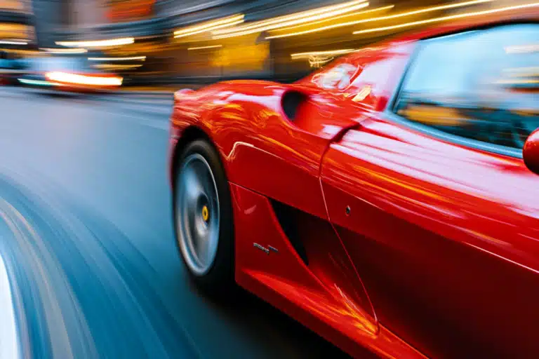 Closeup of a red Ferrari driving fast