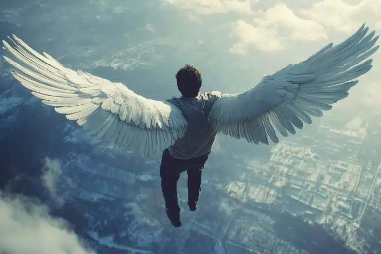 A man flying over a city with large angel wings