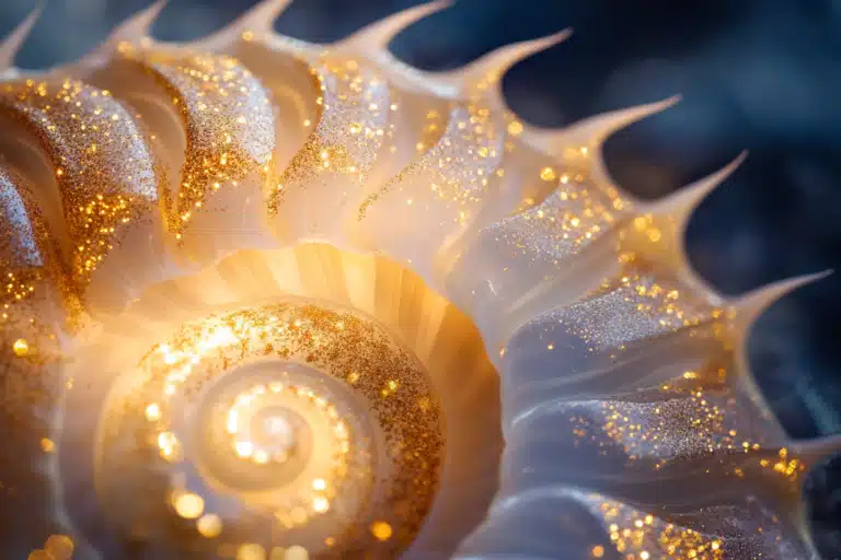 A nautilus shell with gold sparkles