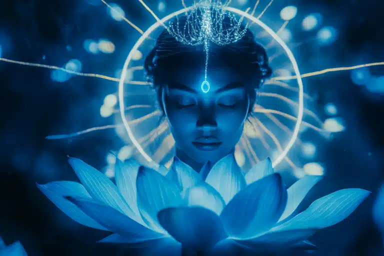 Woman with a halo meditating with a blue lotus