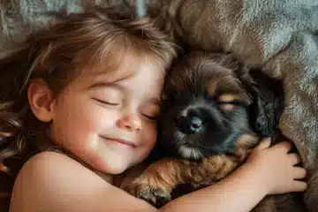 A girl snuggling with a puppy