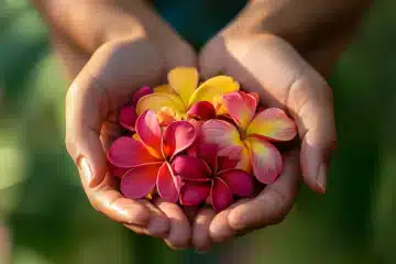 Hands holding tropical flowers