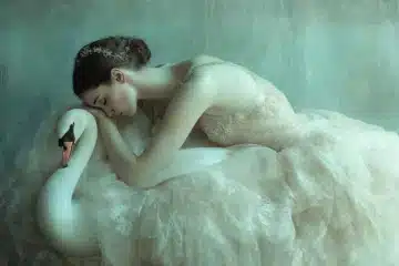 A ballerina falling asleep with a swan