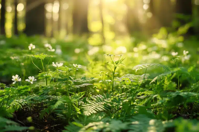 Flowers and ferns on the forest floor dappled by sunlight