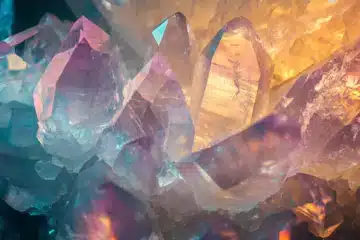 Clear quartz crystals illuminated in aqua and gold light