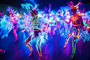 Neon costumes at a dance party