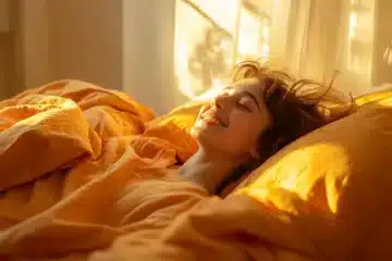 A woman waking in bed in a cheerful mood