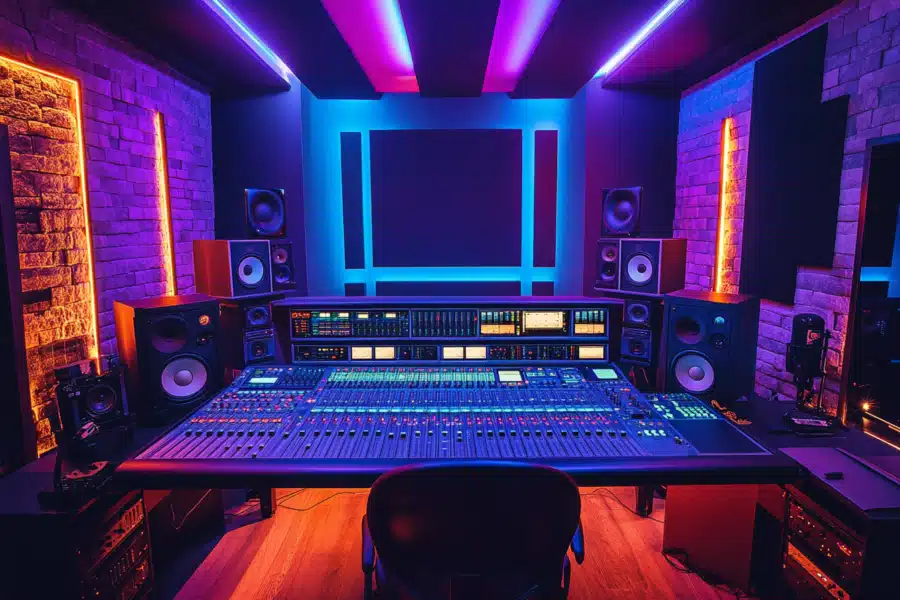 Interior of a music studio illuminated in purple neon