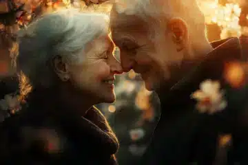 An elderly couple face to face smiling and in love