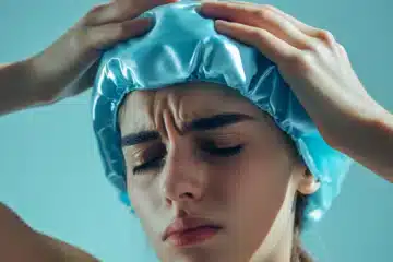 A woman with an ice pack on her head for headache relief