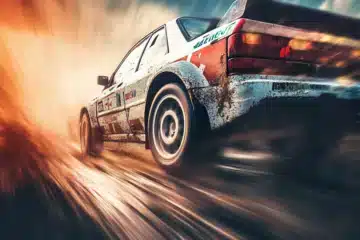 A rally race car speeding off